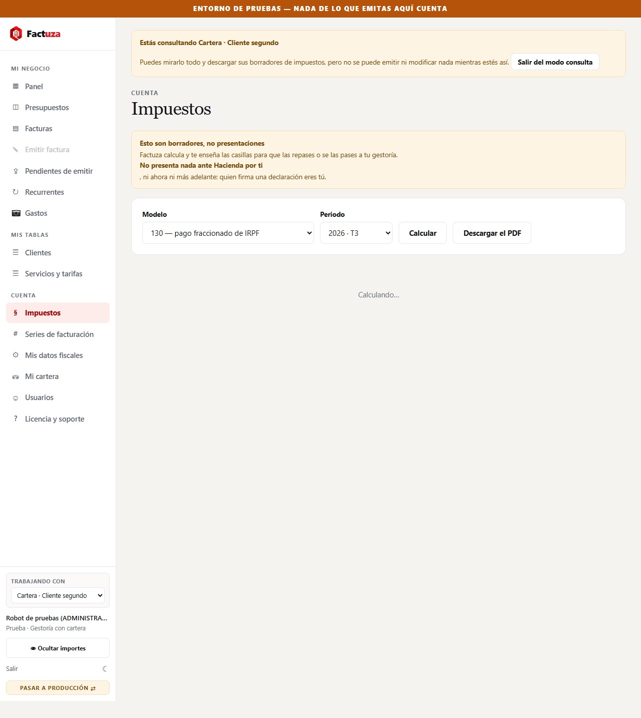Pantalla de impuestos de un cliente de la cartera, con el selector de modelo y periodo, abierta en modo consulta.