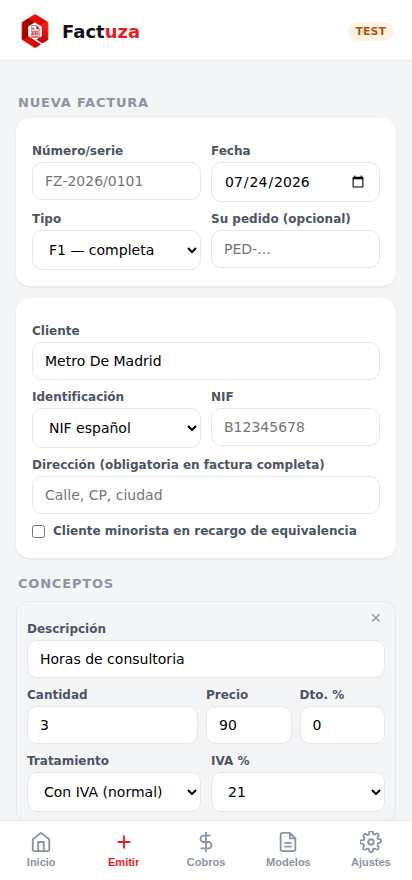 Factuza amosando o ditado dunha factura e o borrador resultante